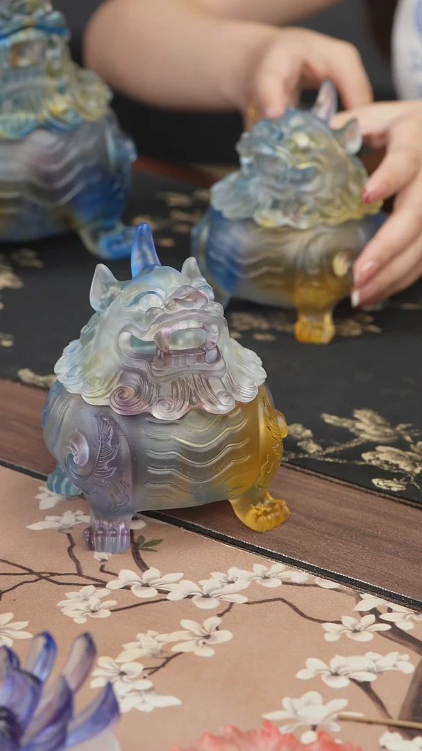 手工艺品琉璃青*彩色狻猊香炉中号