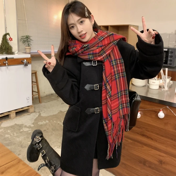 黑色大衣女冬季新款高级感呢子夹棉赫本风毛呢外套