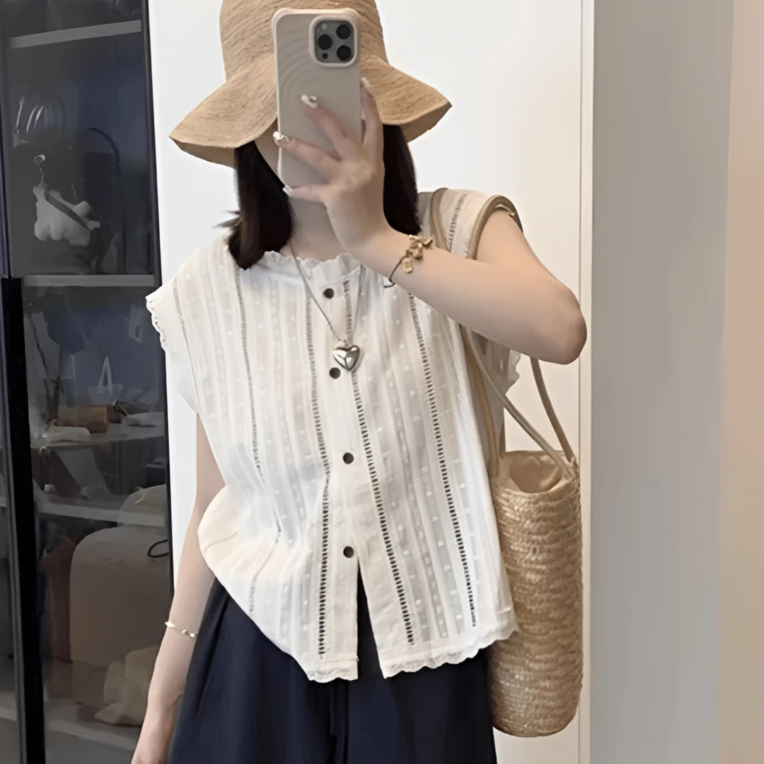 高级感镂空棉麻白色衬衫女夏季2025新款洋气减龄法式小衫无袖上衣