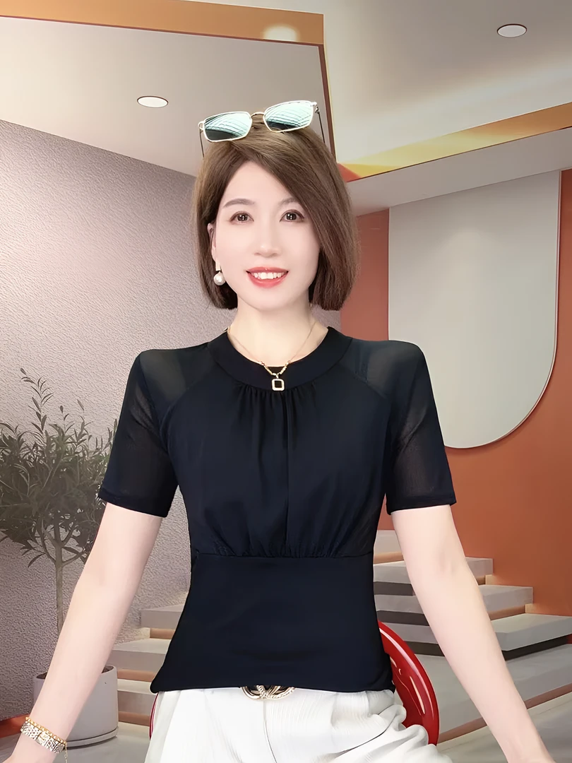 高端黑色网纱打底衫女2025新款春夏洋气短袖T恤小衫显瘦蕾丝上衣