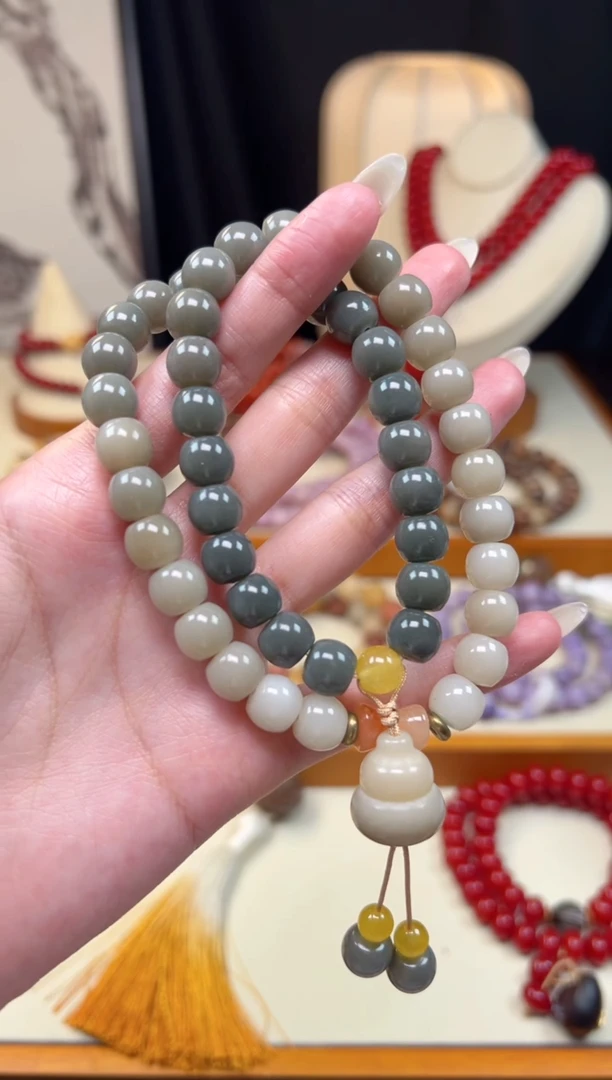 白玉菩提手串绿菩提渐变双圈手串葫芦