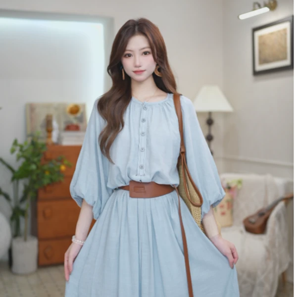 谜秀【直播送腰带】显瘦夏季法式纯色长裙领夏高腰蓝色连衣裙气质