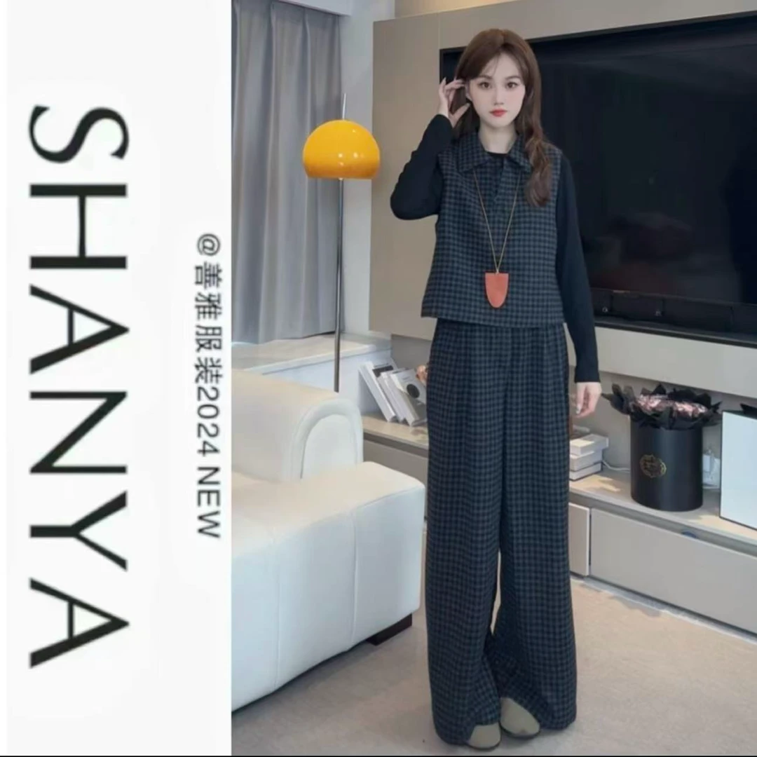 新款时尚气质显瘦三件套#3262格子马甲打底衫高腰阔腿裤百搭套装