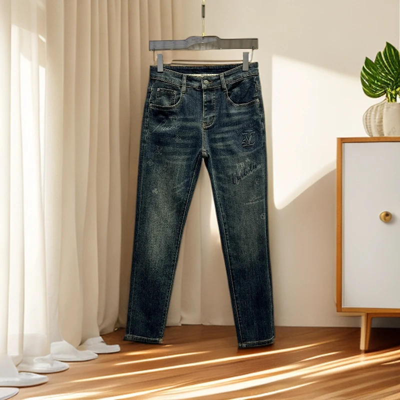 诺顿雷斯潮牌个性字母印花修身弹力小脚裤男士秋季百搭帅气牛仔裤