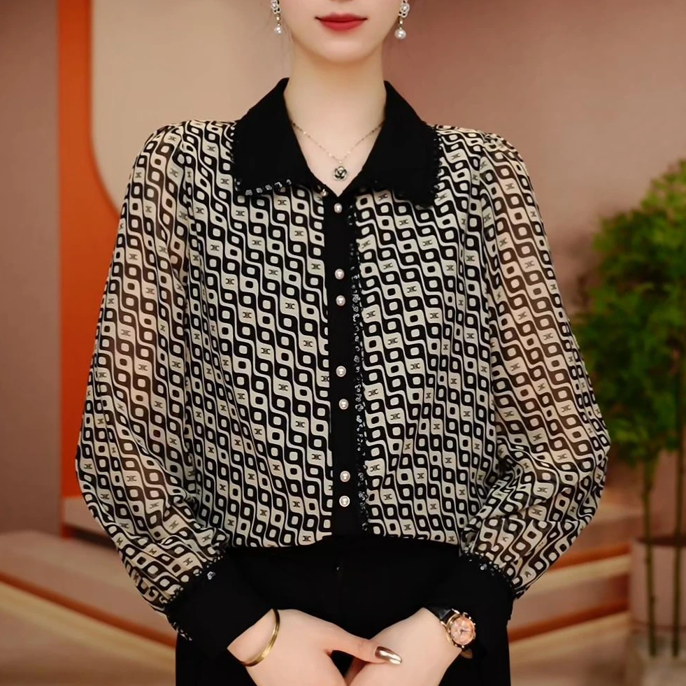 F250055-早春新款琉璃双皱丝时尚百搭显瘦休闲气质印花小衫