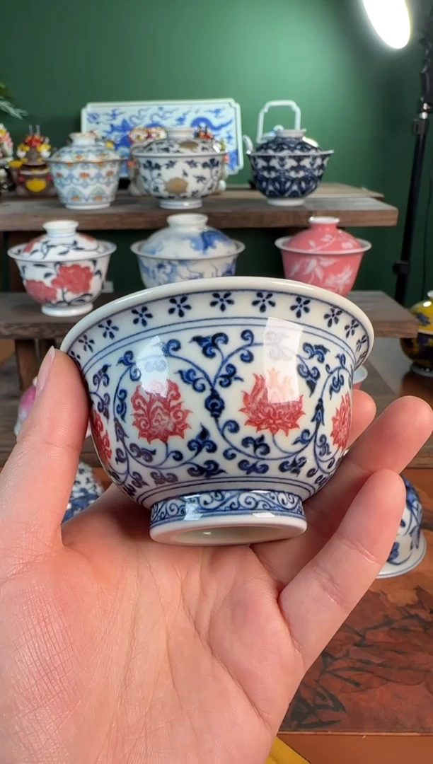 【闪购商品】杯水造 青花釉里红缠枝莲压手杯