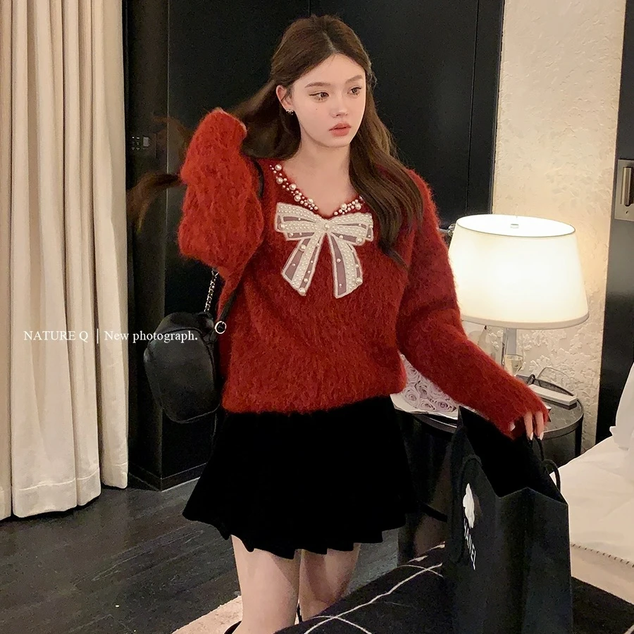 奶fufu毛衣2024冬季新款珍珠蝴蝶结甜美温柔V领气质针织衫上衣