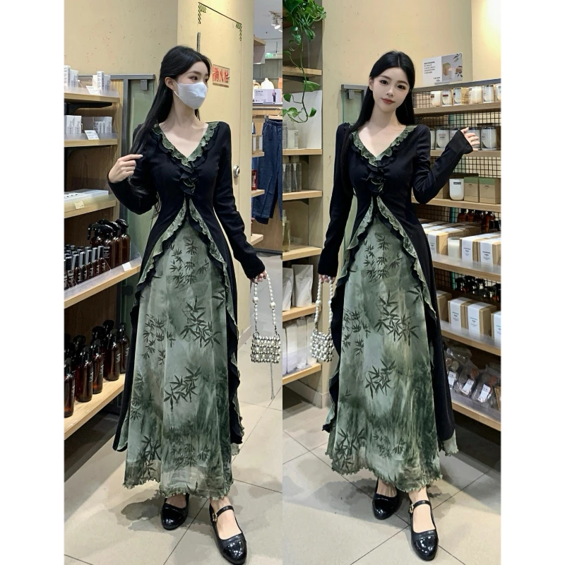 大码2025春季新款新中式国风扎染设计感显瘦气质网纱假两件连衣裙