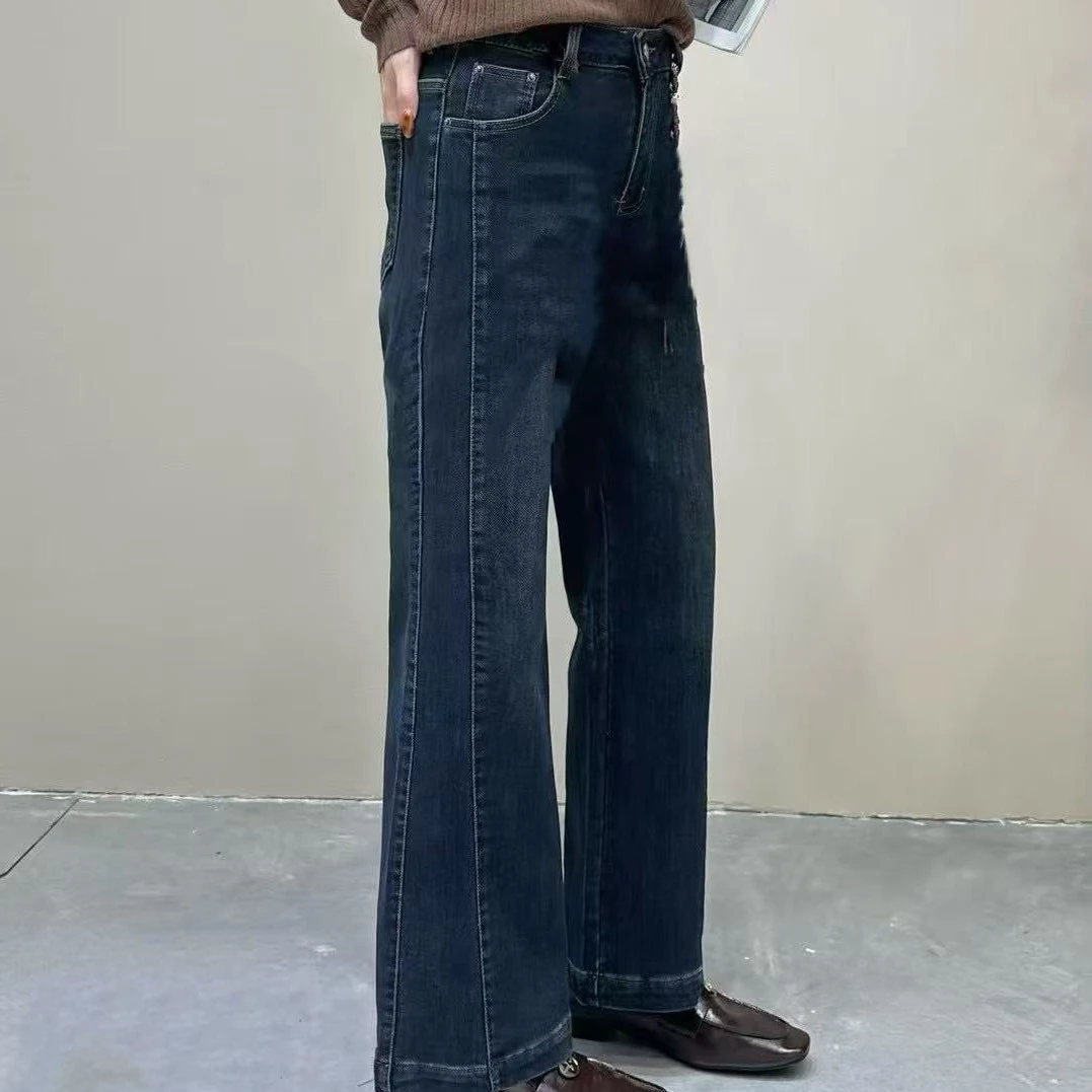 小施家韩版设计拼接时尚薄绒直筒牛仔裤7268