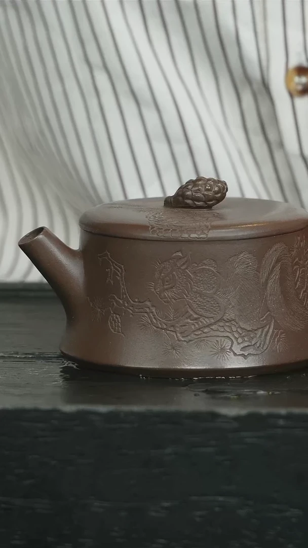 【闪购商品】紫砂茶壶老紫泥刻绘松果柱础