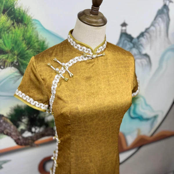 GUXI/故汐优雅显瘦提花复古双层长款日常修身夏季旗袍气质黄色