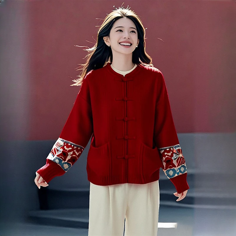 香朵儿新年战袍高级感新中式针织开衫女2026春秋新款国风盘扣毛衣