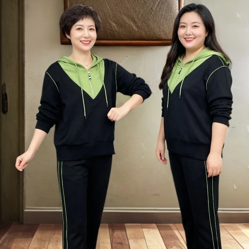 妈妈运动套装中老年女装时尚运动套装女连帽假两件厚款天然棉