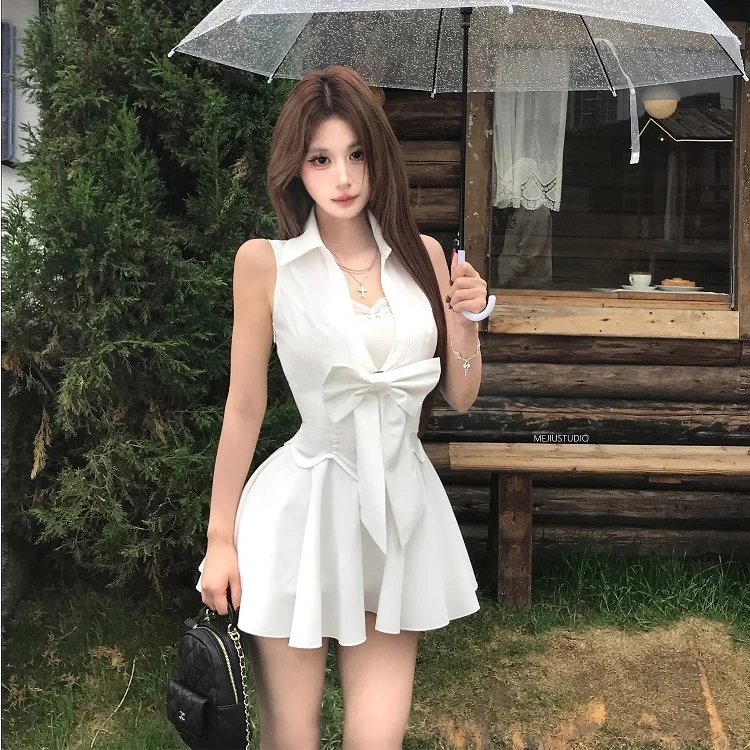 纯欲辣妹POLO领露肩衬衫连衣裙白色2025夏季法式清纯A字无袖裙子