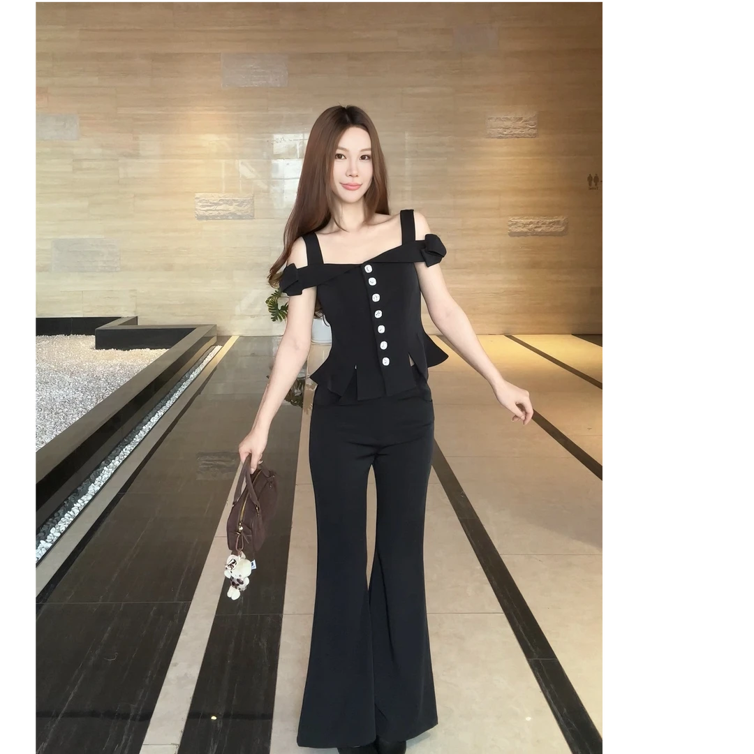 姜穹JIANGQIONG 2025春夏新款通勤风时尚休闲中腰喇叭修身长裤