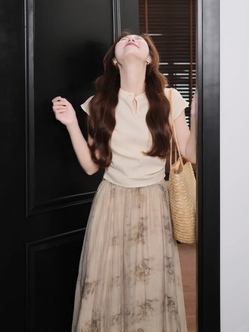 新中式国风盘扣设计感短袖T恤女夏季高腰显瘦大摆半裙两件套装女