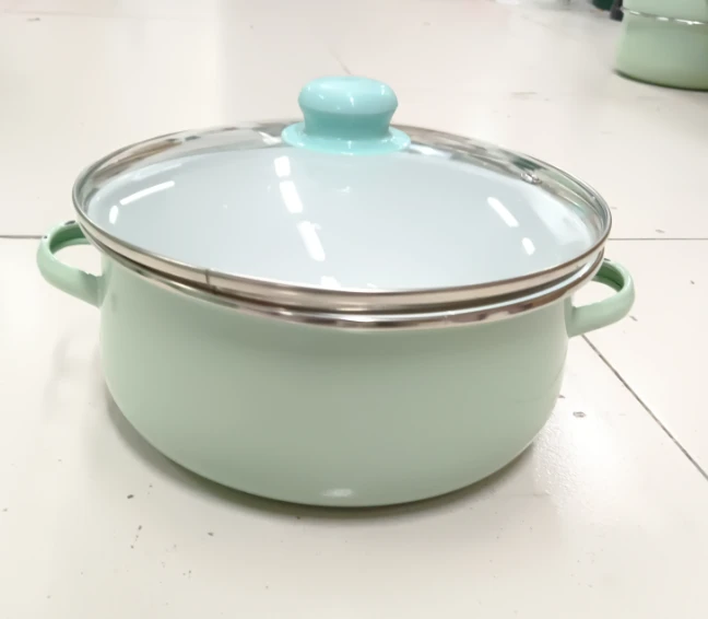24果绿色搪瓷锅玻璃盖瑕疵处理锅