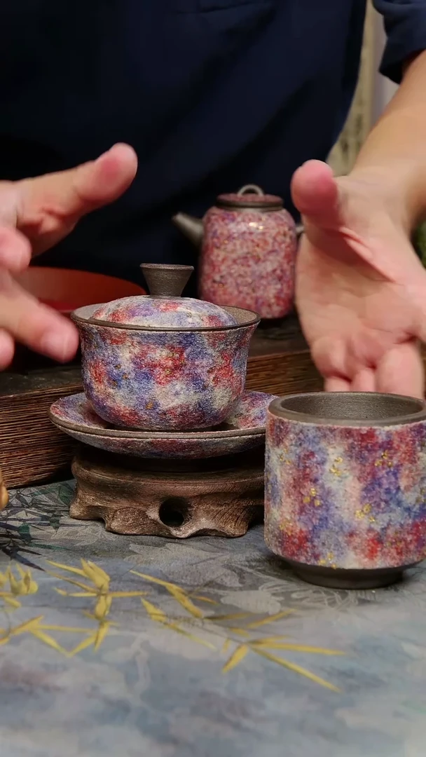 亘古茶具柴烧精品@七彩岩矿三才盖碗加一杯