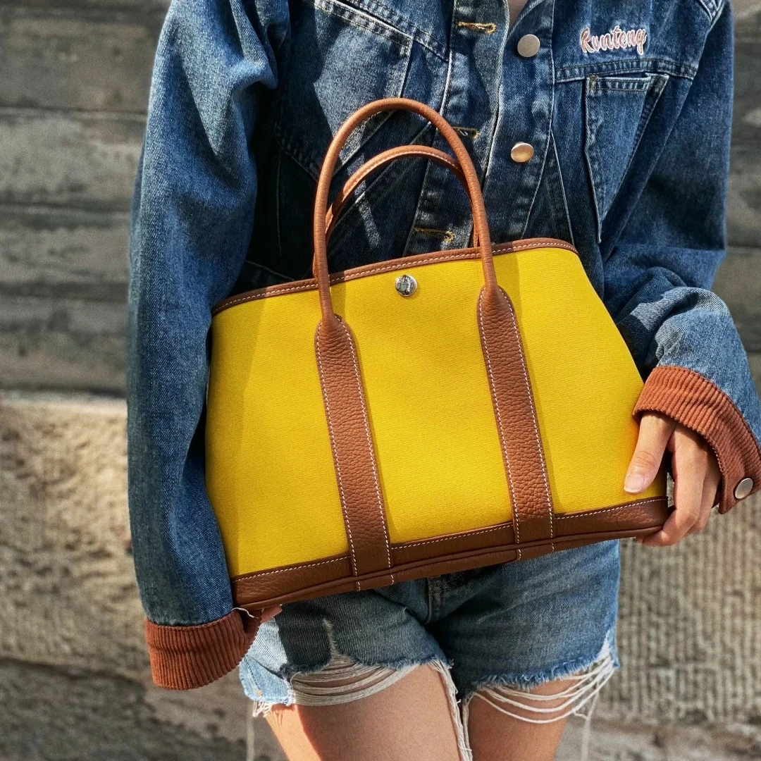 95新 Hermes/爱马仕 小花Jerry活动花园包 30 金棕色拼琥珀黄 Y刻