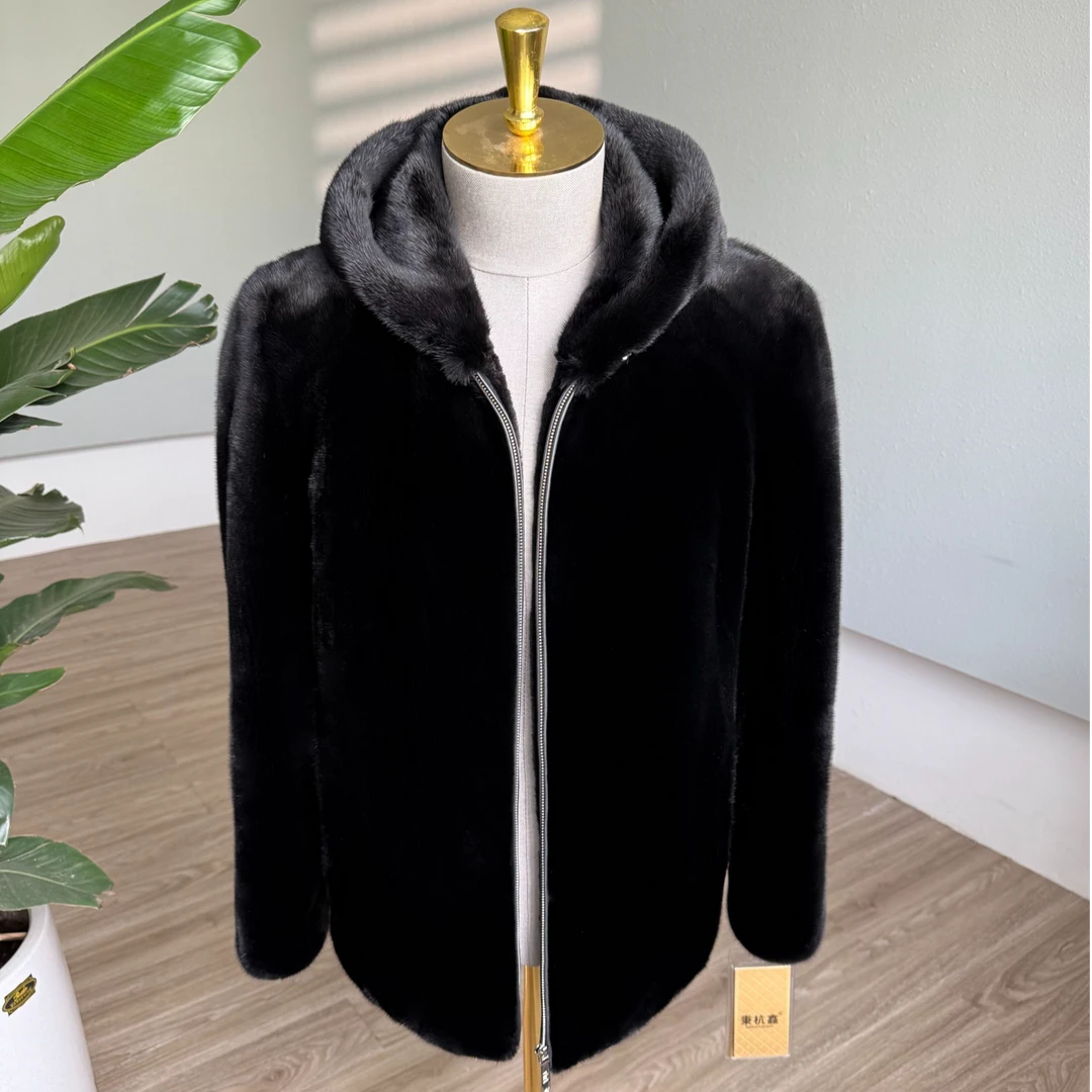 秉杭鑫宝嘉美级别貂皮大衣男整貂连帽常规款真貂皮草短毛水貂外套