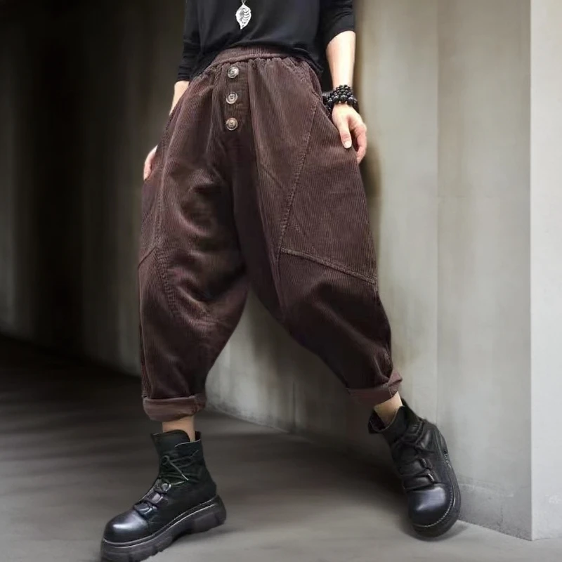 2025春秋季新款街头个性百搭灯芯绒炒色休闲裤哈伦裤九分裤潮女