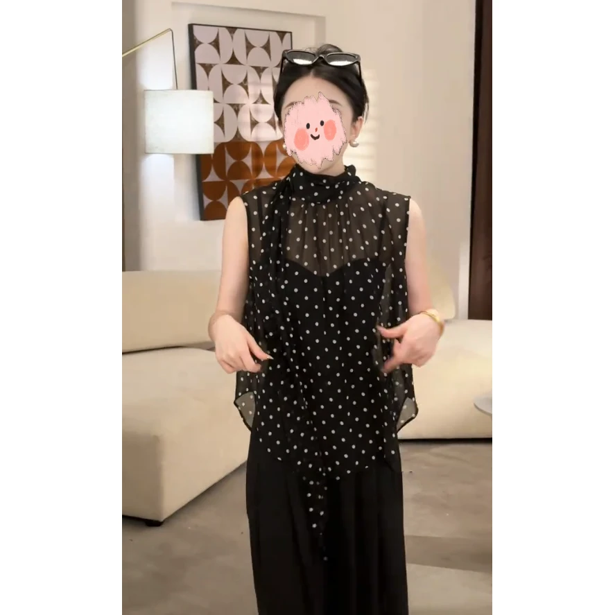 法式复古波点无袖飘带衬衫女2025新款夏季独特超好看气质女士上衣