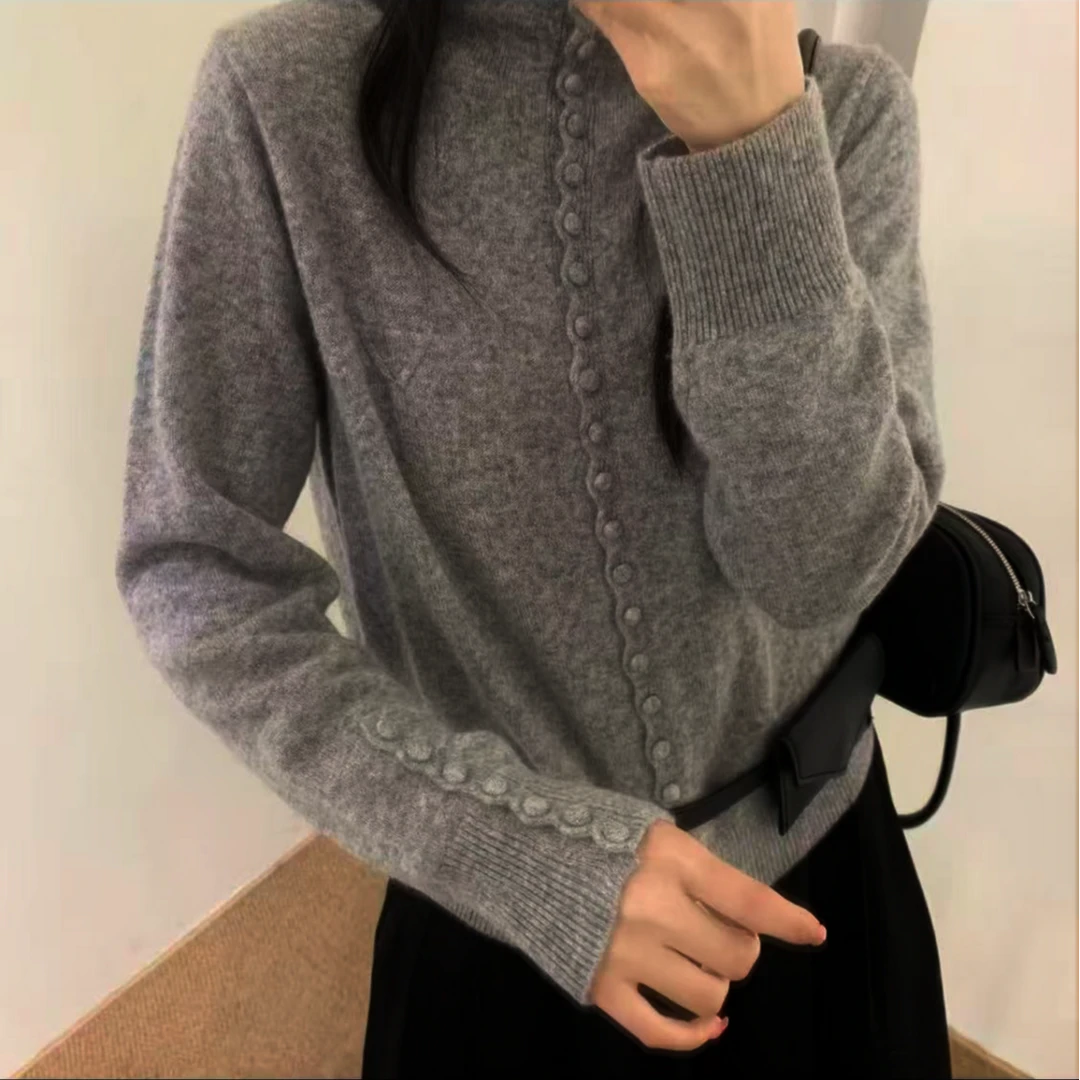 【倒三角】中灰色欧货气质针织开衫女毛衣外套气质单排扣宽松上衣