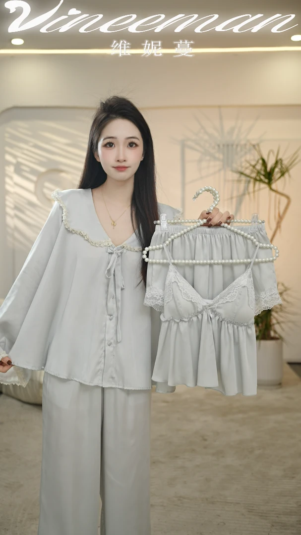 VINEEMAN甜茶春秋重工蕾丝花边钻扣仿真丝女长袖长裤居家服四件套