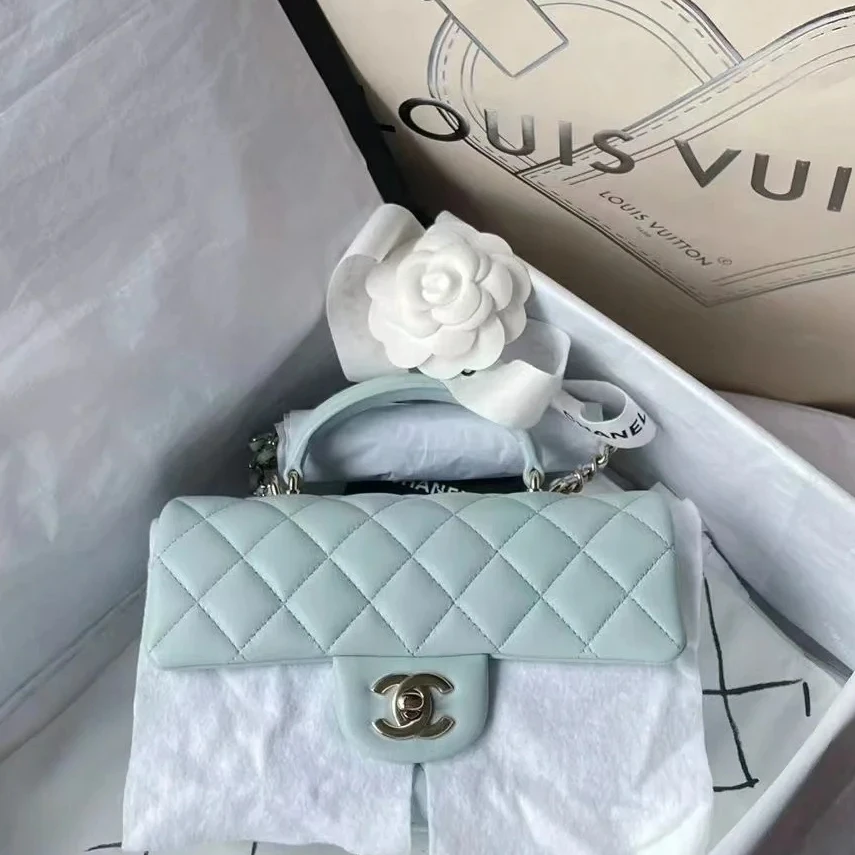 99新 Chanel/香奈儿 babby蓝手柄大迷你斜挎包//72546