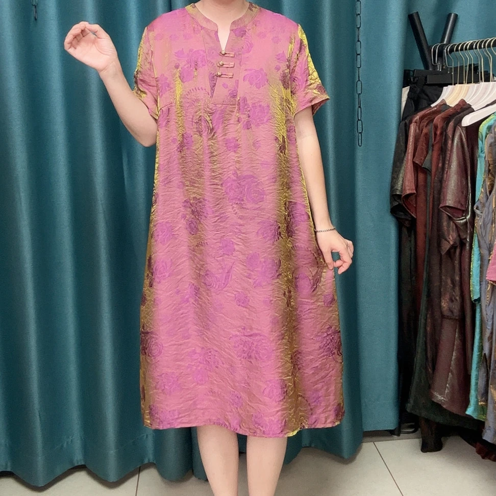 夏季V领薄款气质妈妈宽松显瘦连衣裙