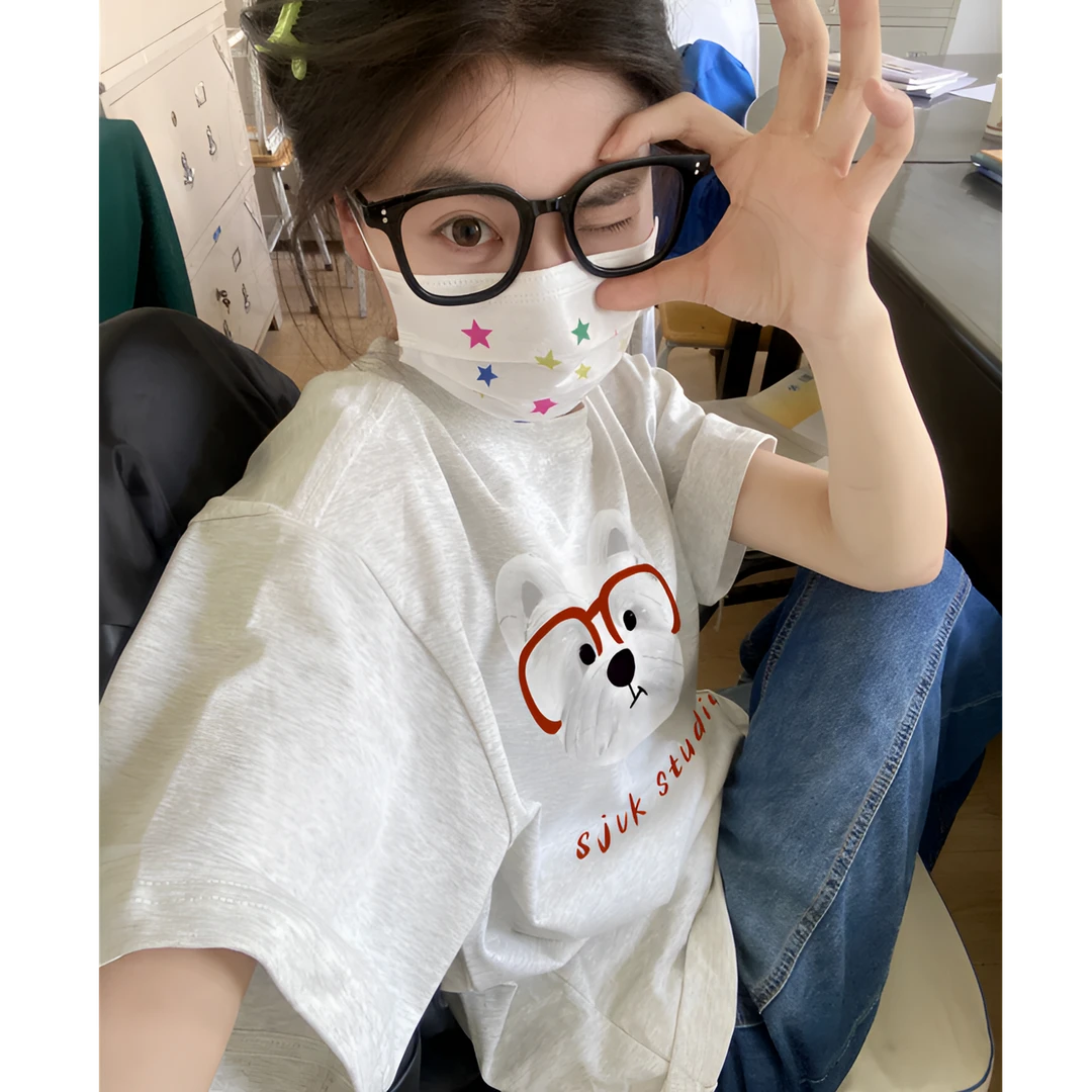 新款卡通小狗印花纯棉短袖T恤女宽松半袖甜美可爱风格衣服