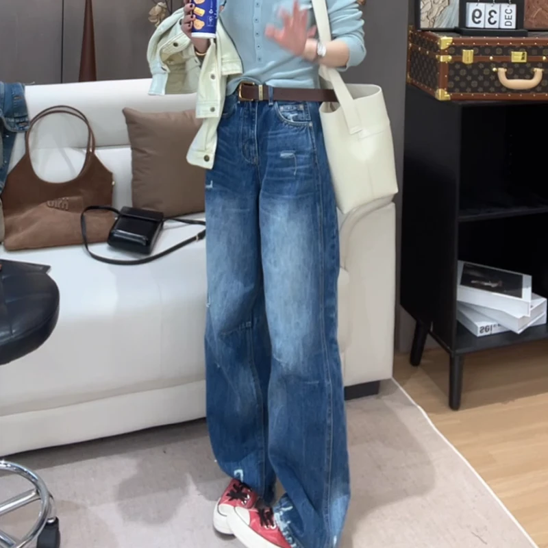 春季新款极简设计感百搭时尚高腰重工水洗显瘦牛仔裤LK2501745