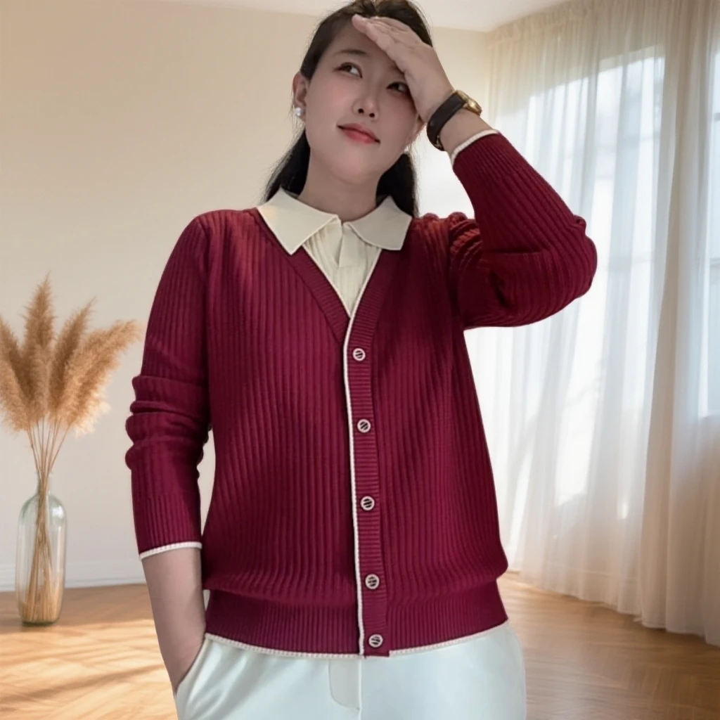 200斤厚款显瘦洋气假两件针织衫女翻领时尚百搭宽松打底秋冬