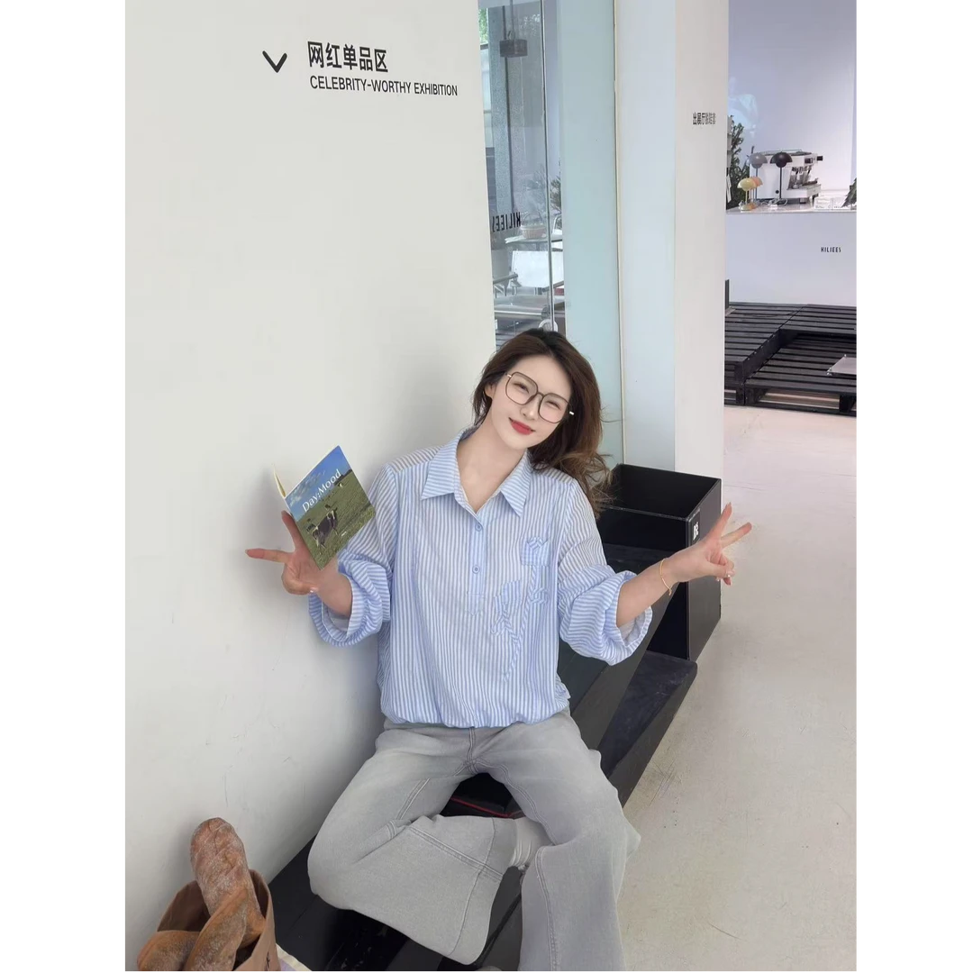 春夏新款百搭宽松设计感半袖蓝色时尚气质衬衫