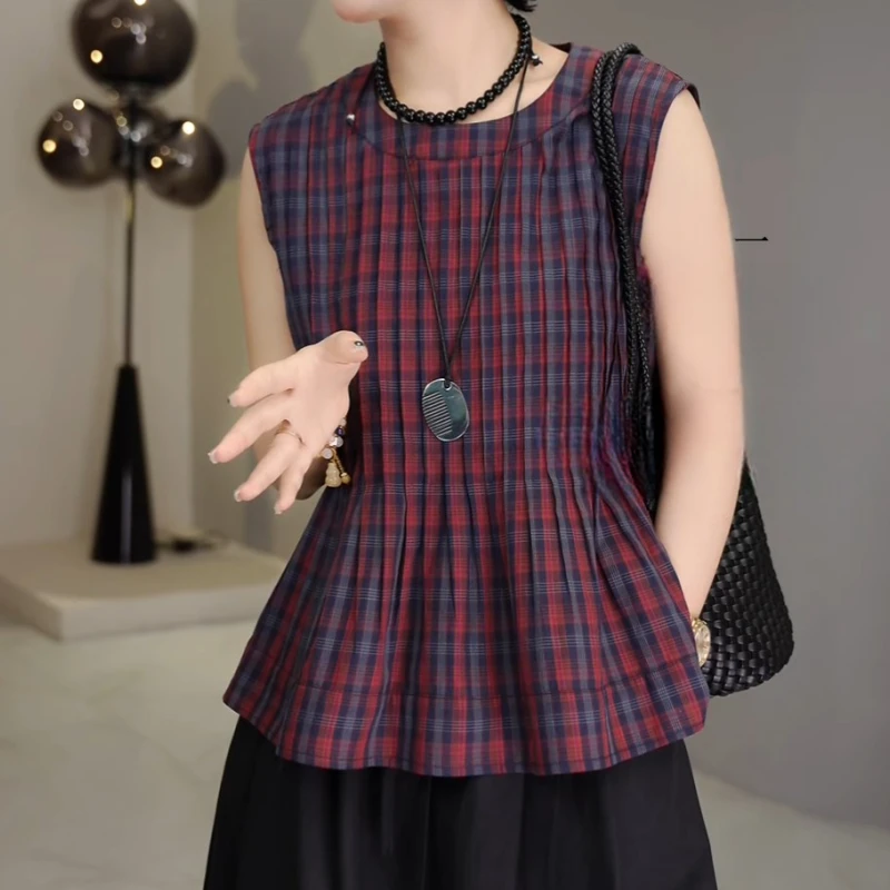 2025夏季复古撞色格子压皱后背系带时尚休闲格子上衣LK2504435