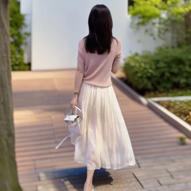 流光纱半身裙女夏季2025大码中长款百搭显瘦气质伞裙子仙女百褶裙
