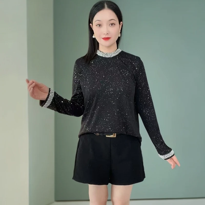 2025新春爆款优雅星空亮片钻钻打底衫显气质设计感大码女装上衣