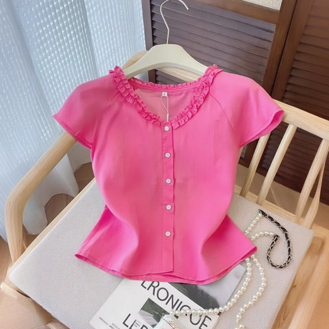树莓粉收腰显瘦凉感衬衫女夏季新款韩系甜美减龄花边V领衬衣小衫