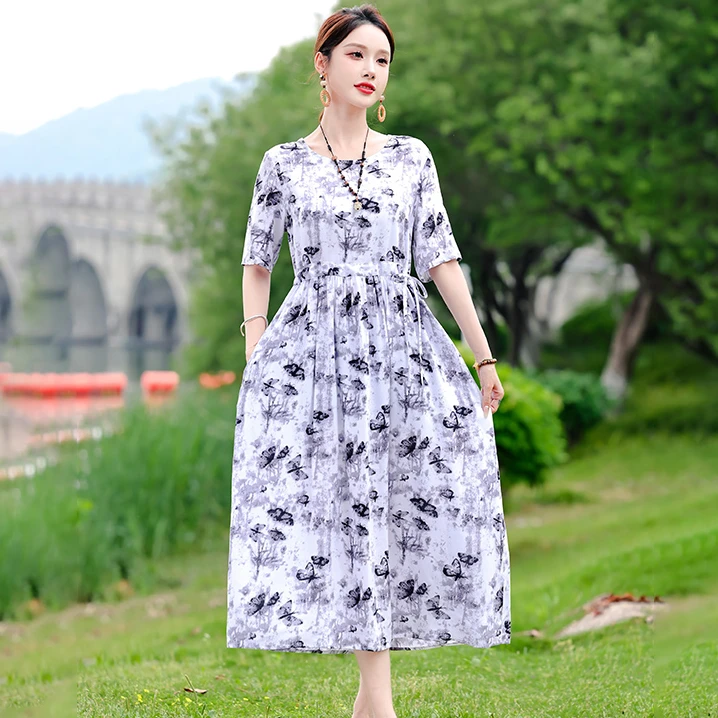 棉绸连衣裙时尚夏季女士宽松显瘦气质中长款收腰碎花复古妈妈裙子