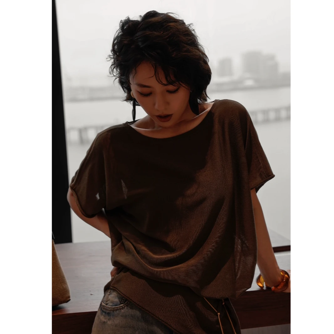 W.Diva【错序】三醋酸天丝一字肩不对称斜摆针织小衫女51S251999