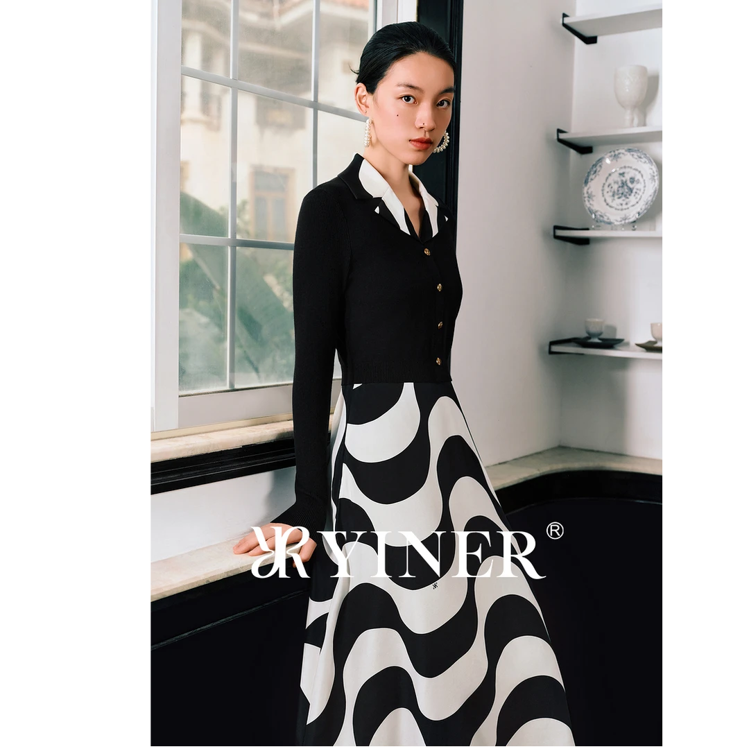 YINER音儿2025春季新款桑蚕丝混纺法式撞色小A字连衣裙8234306420