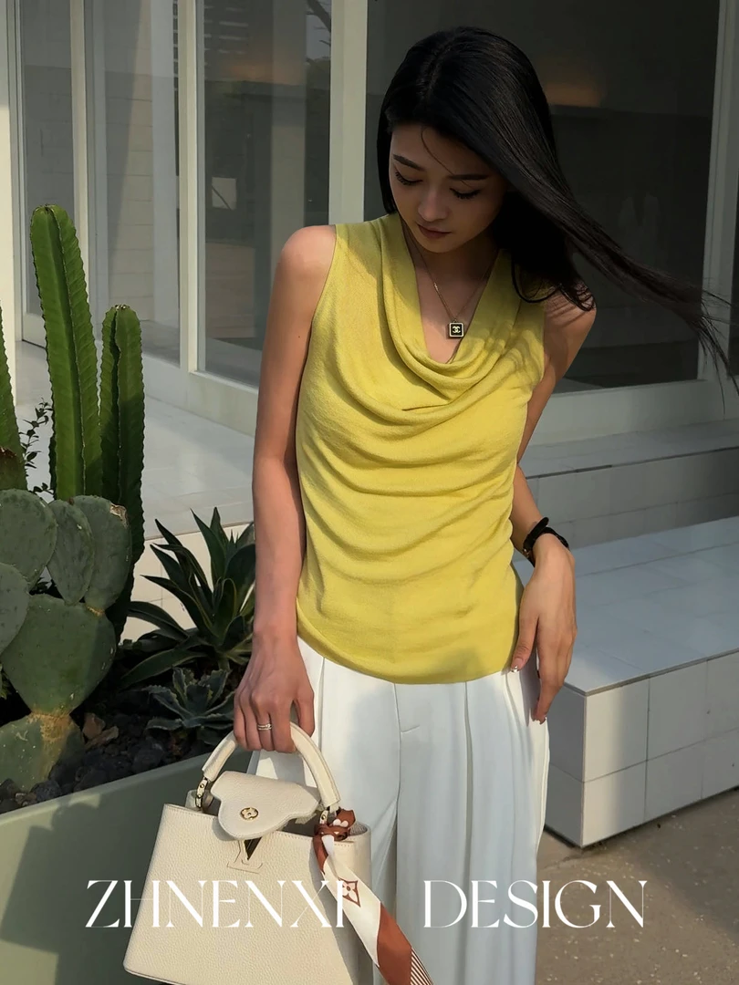 针西【莱赛尔上衣】高个子夏季时尚设计师轻薄透气无袖T恤S70319