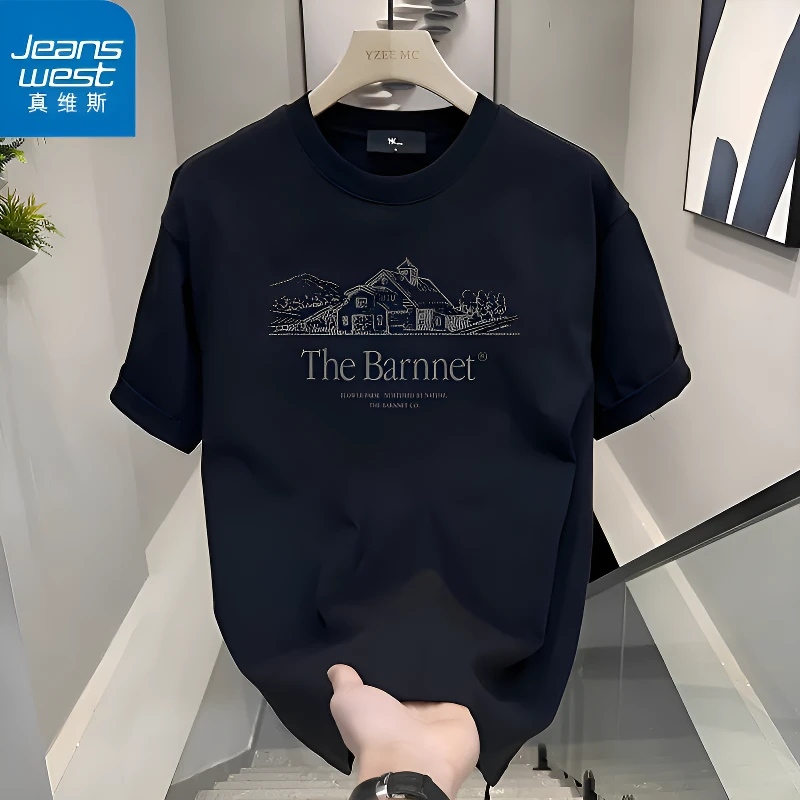 真维斯新款纯棉短袖t恤男款潮流运动圆领印花高级感体恤青年半袖t