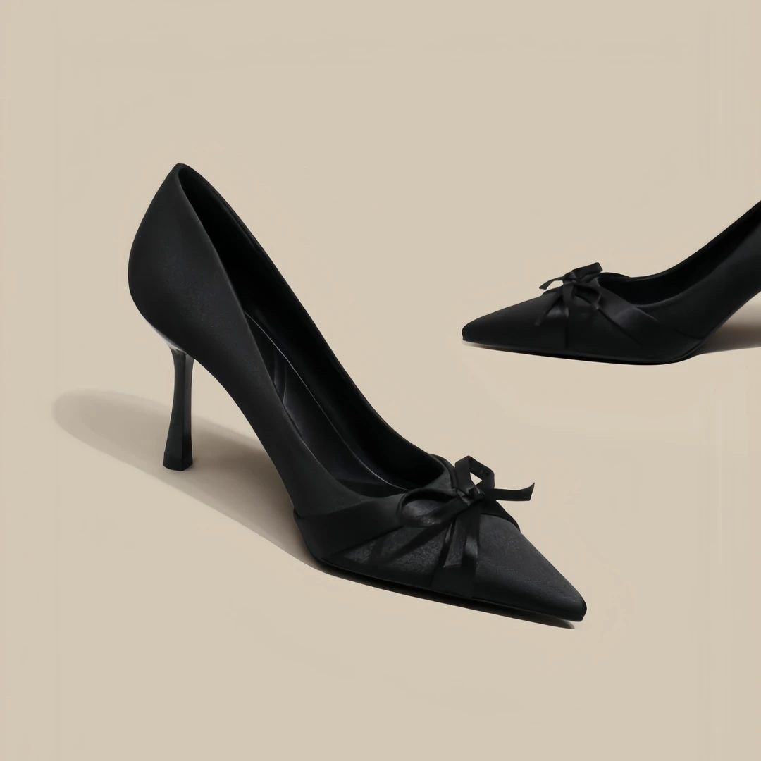 Moleubak法式黑色高跟鞋女细跟蝴蝶结气质名媛尖头绝美单鞋6-8cm