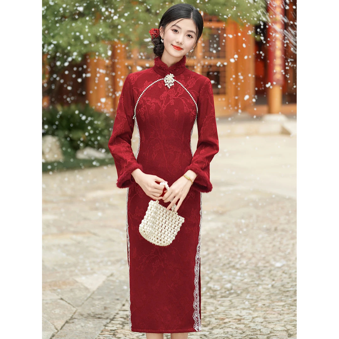 青未了【岁寒藏冬】秋冬新款蕾丝压边国风改良修身保暖旗袍 衣长120
