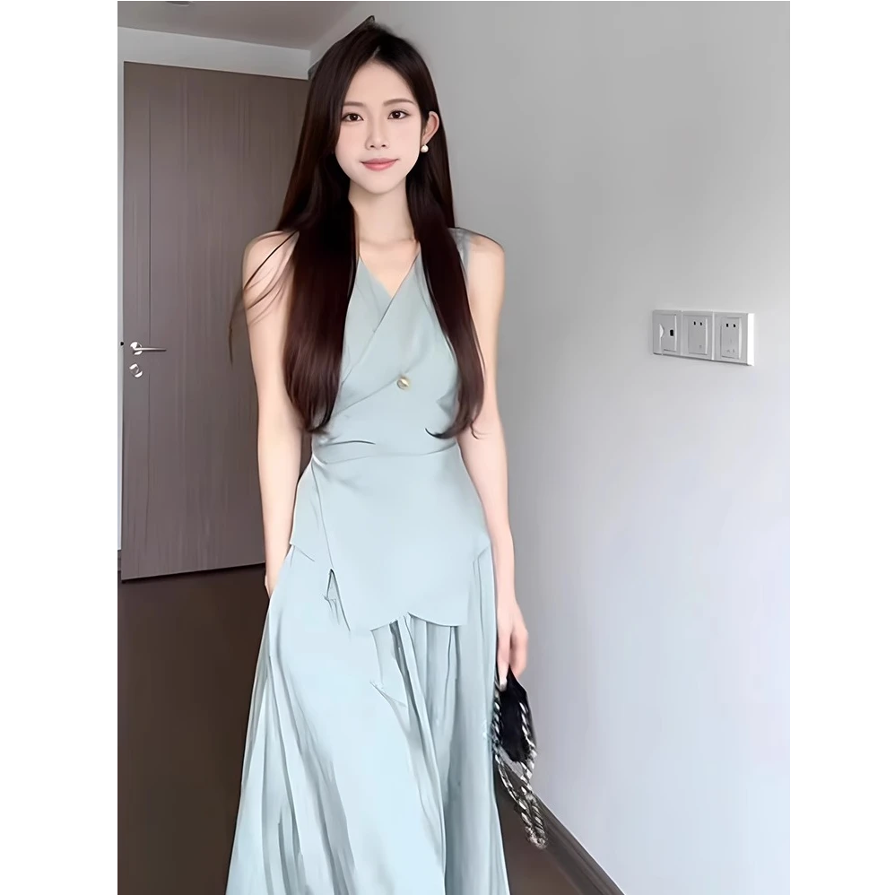 法式气质温柔风V领背心上衣高腰半身裙两件套女夏季新款时尚套装