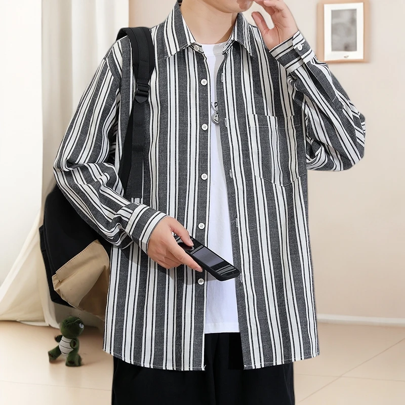 新款日系长袖衬衫复古条纹春秋季开衫男士时尚休闲打底衫衬衣潮流