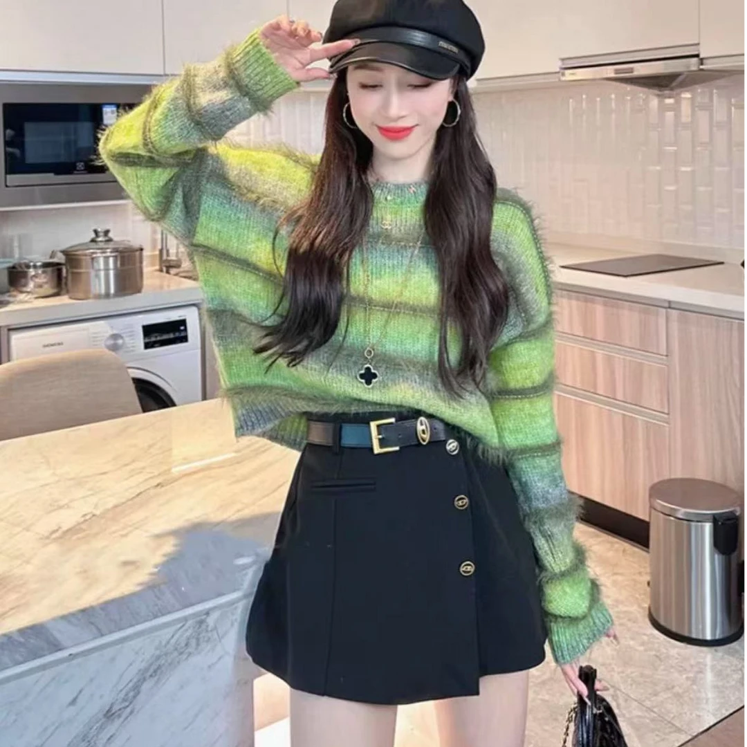 《彩虹》女士毛衣针织长袖宽松外套2024新款女装上衣A042