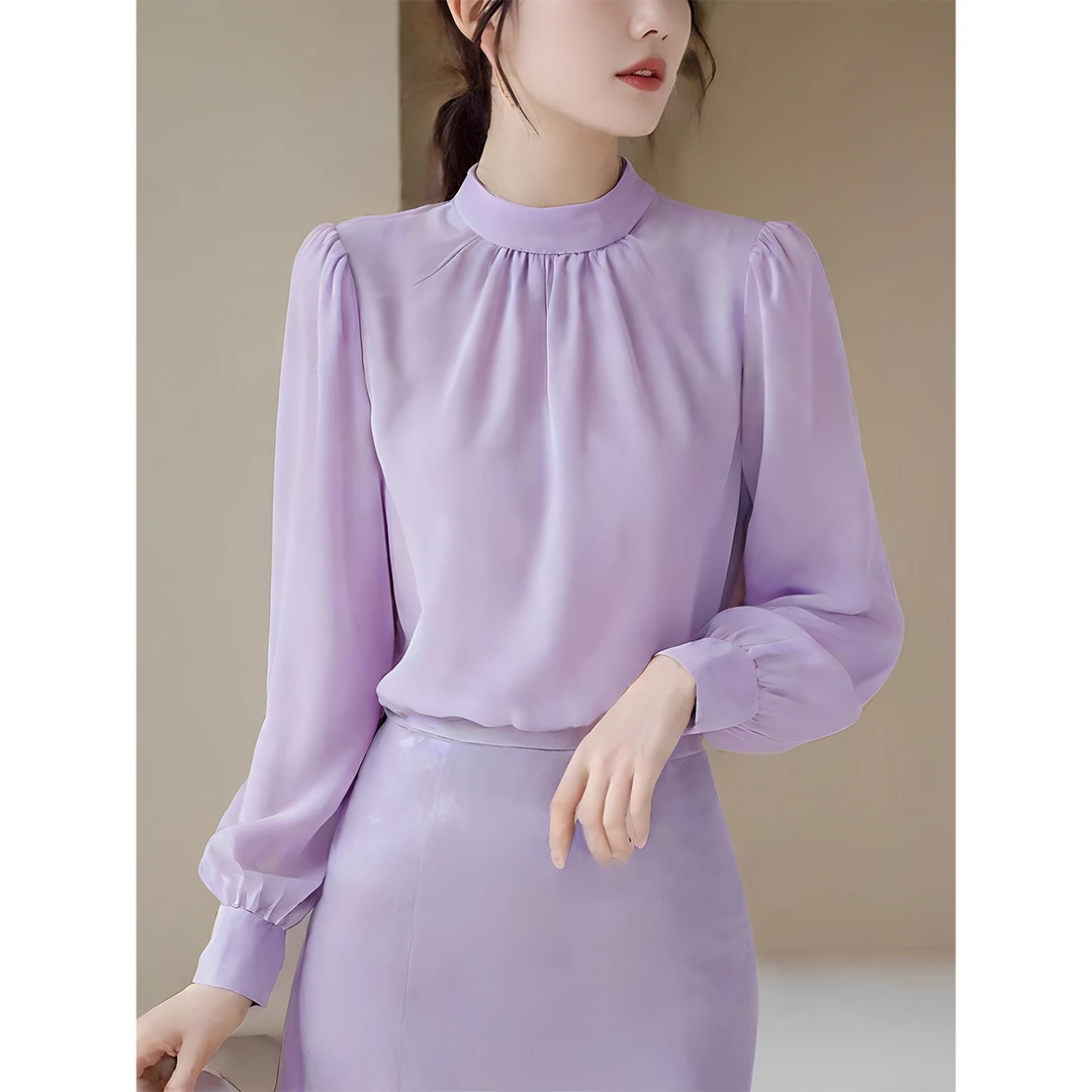 早秋新款韩系chic别致气质通勤雪纺上衣女高级感紫色防晒长袖衬衫