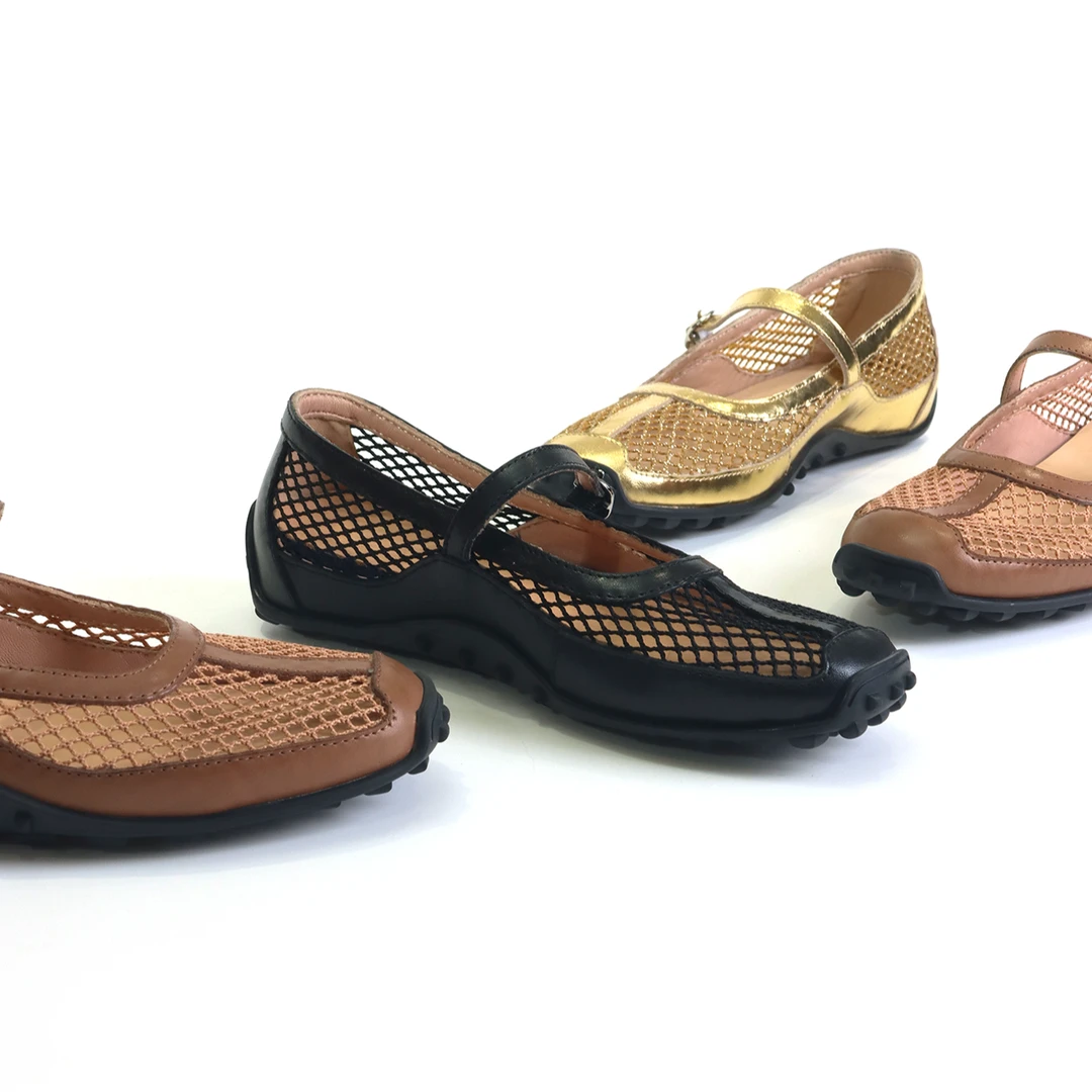 2025年春季新款圆头渔网镂空芭蕾休闲简约一字扣百搭单鞋XC6838-1